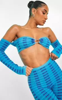 PrettyLittleThing Бирюзовый двухцветный квадратный вязаный топ с воротником-халтер