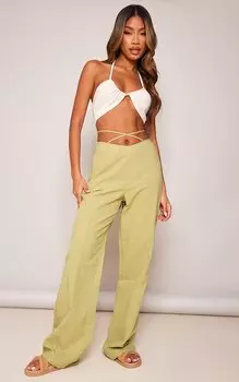 PrettyLittleThing Бледно-оливковые льняные прямые брюки с завязками на ощупь