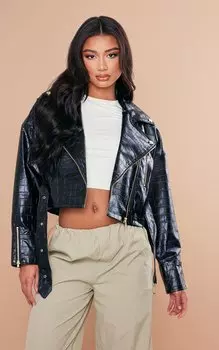 PrettyLittleThing Черная объемная косуха из искусственной кожи под крокодила