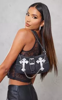 PrettyLittleThing Черная сумка на плечо с пряжкой и контрастной вышивкой