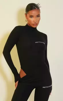 PrettyLittleThing Черное боди с полумолнией в рубчик и складками