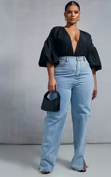 PrettyLittleThing Черное боди с рукавами-фонариками Plus
