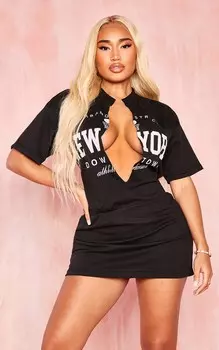 PrettyLittleThing Черное облегающее платье-футболка с V-образным вырезом и надписью New York