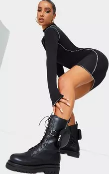 PrettyLittleThing Черные байкерские ботинки со шнуровкой по бокам из искусственной кожи
