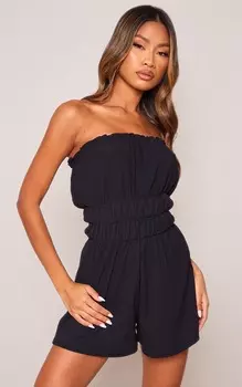 PrettyLittleThing Черный фактурный комбинезон-бандо с присборенными деталями
