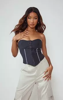 PrettyLittleThing Черный корсетный топ из эластичной ткани в тонкую полоску