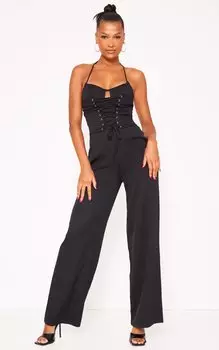 PrettyLittleThing Черный тканый комбинезон на косточках со шнуровкой и воротником-халтер