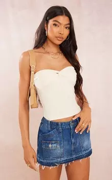 PrettyLittleThing Длинный топ кремового цвета с текстурой бандо и закрученной тканью