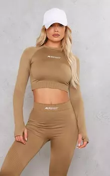 PrettyLittleThing Коричневый бесшовный спортивный топ с длинными рукавами