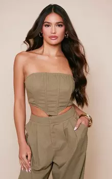 PrettyLittleThing Корсет-бандо цвета хаки с льняным эффектом и глубоким краем