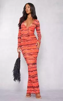 PrettyLittleThing Красное сетчатое платье мидакси с длинными рукавами и завязками Tall Tie Dye