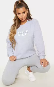 PrettyLittleThing Пепельно-серый свободный свитер с круглым вырезом с рисунком