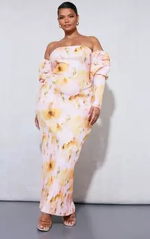 PrettyLittleThing Плюс розовое платье миди с плиссировкой и пышными рукавами с размытым цветочным принтом
