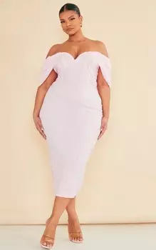 PrettyLittleThing Розовое фактурное платье миди с открытыми плечами Plus Baby Pink