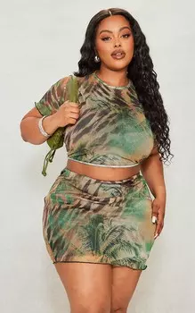 PrettyLittleThing Сетчатый топ цвета хаки с животным принтом и краем салата