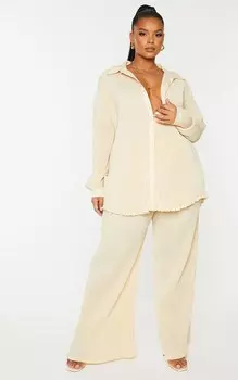 PrettyLittleThing Широкие брюки кремового цвета с высокой талией и плиссировкой Plus