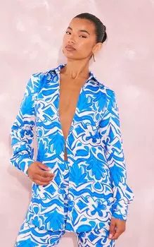 PrettyLittleThing Синяя рубашка оверсайз с принтом