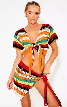 PrettyLittleThing Топ в полоску с завязкой спереди, связанный крючком