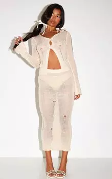 PrettyLittleThing Трикотажная длинная юбка овсяного цвета с потертостями
