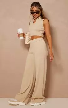 PrettyLittleThing Трикотажные широкие брюки овсяного цвета