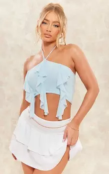 PrettyLittleThing Укороченный топ из сетчатой ткани голубого цвета с воротником-халтер и оборками