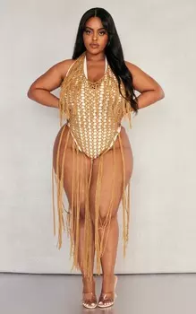 PrettyLittleThing Вязаное пляжное боди цвета верблюжьей шерсти Plus с кисточками