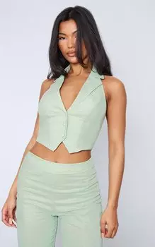 PrettyLittleThing Зелёный льняной жилет с воротником халтер и шалфеем
