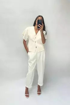 Прямые брюки с подготовками ZARA, экрю