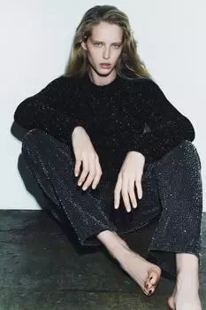 Прямые джинсы со средней посадкой со стразами ZARA, черный