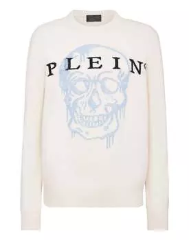 Пуловер с круглым вырезом LS Intarsia Skull PHILIPP PLEIN, кремовый