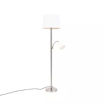 QAZQA - Classic I Antique Classic Торшер сталь I серебро I матовый никель с белым абажуром и лампой для чтения - ретро I гостиная I спальня - продолговатая сталь - подходит для светодиодов E27