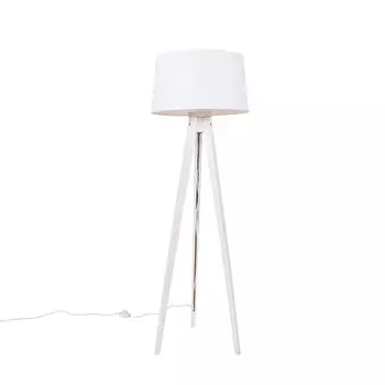 QAZQA - Classic I Antique Modern Торшер-трипод белого цвета с белым льняным абажуром 45 см - Штатив I Лампа-штатив I Штатив Classic I Гостиная I Спальня - Продолговатое дерево I Круглый - Подходит для светодиодов E27, белый