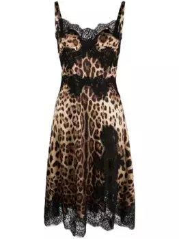 Расклешенное платье миди с леопардовым принтом DOLCE & GABBANA, коричневый