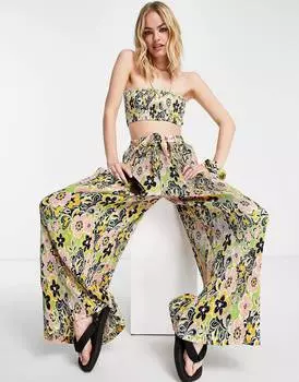 Разноцветные широкие пляжные брюки плиссе с цветочным принтом Topshop 60's