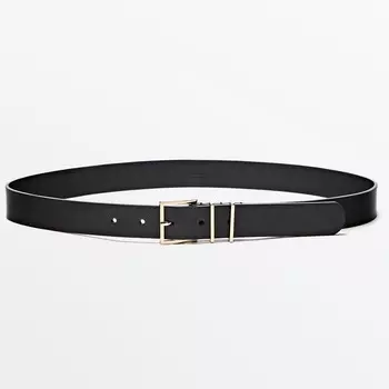 Ремень Massimo Dutti Leather Belt With Square Buckle And Double Loop, черный