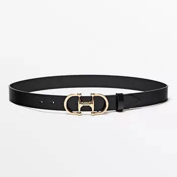 Ремень Massimo Dutti Leather With Double Buckle, черный