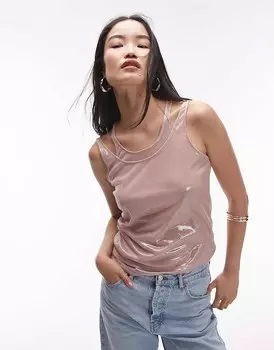 Розовая двухслойная майка в рубчик Topshop