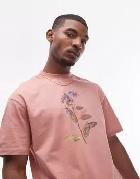 Розовая футболка оверсайз с прижатым цветочным принтом спереди и сзади Topman