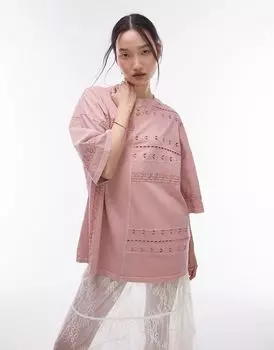 Розовая объемная футболка Topshop, связанная крючком