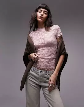 Розовая удлиненная футболка с кружевом Topshop