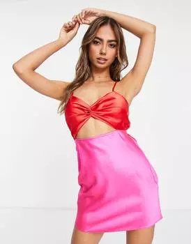 Розово-красное атласное мини-платье в стиле колор-блок с вырезами Miss Selfridge