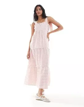 Розовое и клетчатое ярусное платье макси Miss Selfridge 2013 Vichy с завязками на плечах