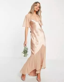 Розовое платье из смешанной ткани Topshop с рукавами ангела для подружек невесты Topshop