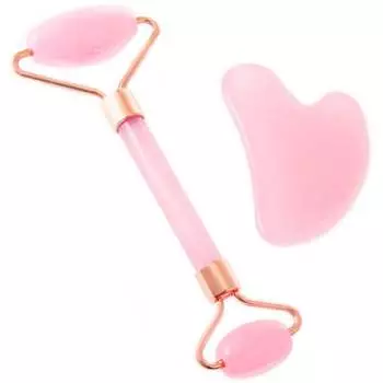 Розовый массажер Gua Sha Stone + Roller для лица, шеи и декольте, укрепляет, разглаживает и предотвращает появление морщин.