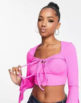 Розовый укороченный топ с расклешенными рукавами и завязками на шее Miss Selfridge