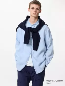 Рубашка из 100% льна премиум-класса с воротником-стойкой Uniqlo, цвет 61 синий