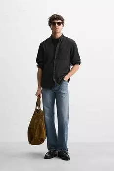 Рубашка лен/хлопок ZARA, черный