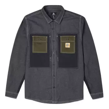 Рубашка men's flowers small logo retro splicing contrasting colors woven shirt jacket dark black Converse, черный