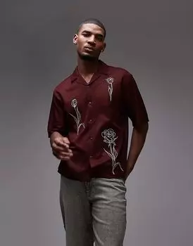 Рубашка с цветочной вышивкой бордового цвета Topman