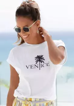 Рубашка с круглым вырезом Venice Beach, с принтом спереди, хлопковая футболка, рубашка с короткими рукавами, базовая модель, белый